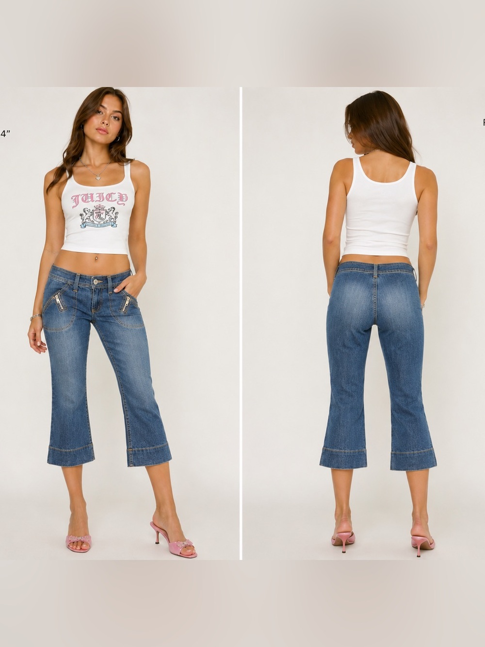 Y2K Juicy Couture Made in USA Zip Pocket Capri Jeans Size 26 No Back Pockets - Picture 1 of 11